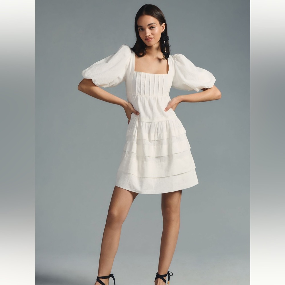 By Anthropologie Square Neck Puff Sleeve Tiered Dress